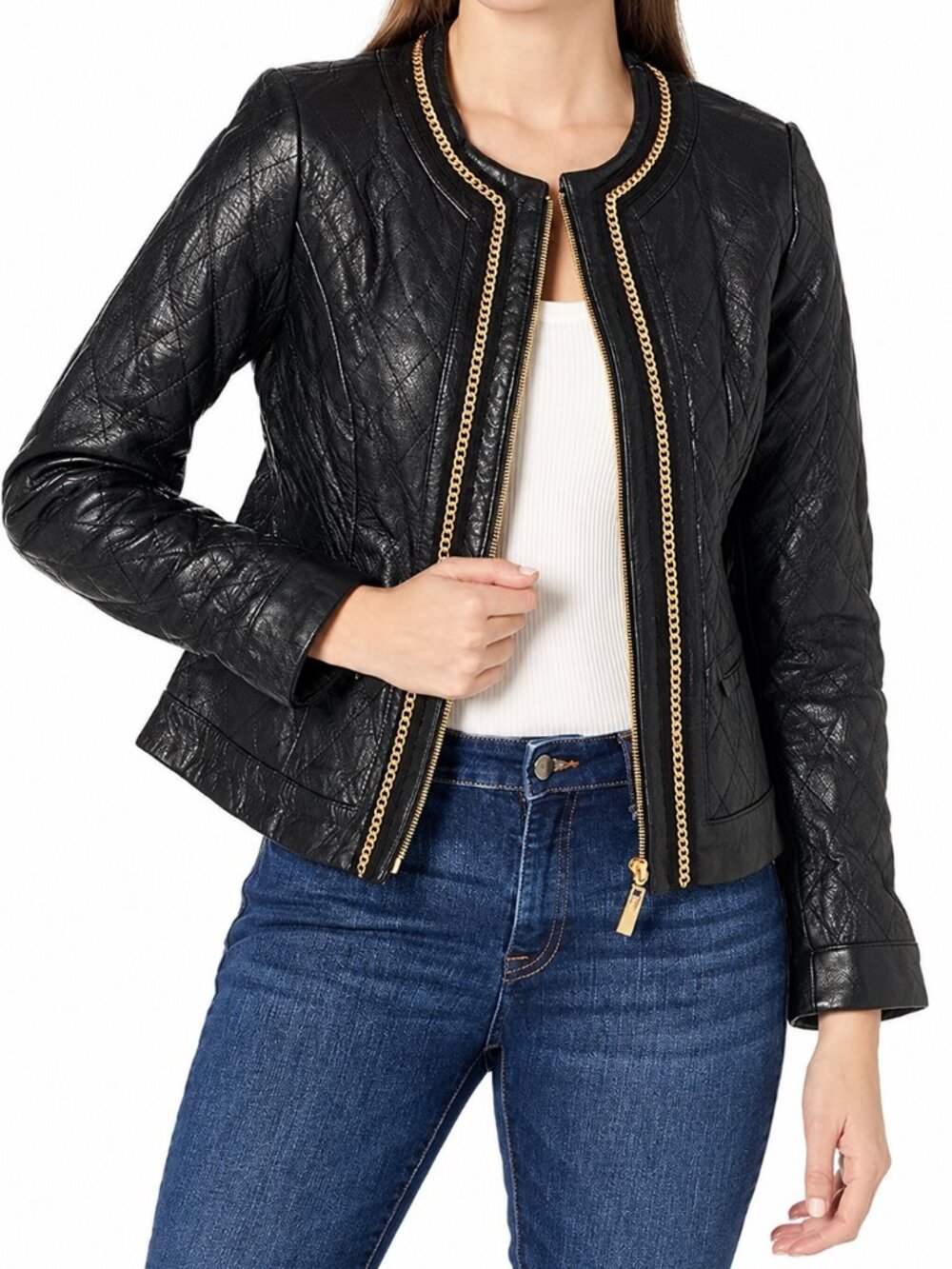 Sz L Vince Camuto Quilted Genuine Leather Jacket Chain Trim Coat